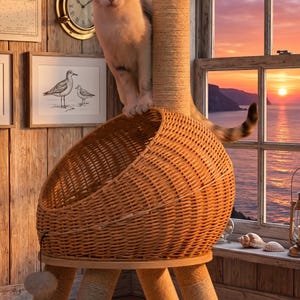 Dinosaur Adventure Cat Tree – Luxury 45" Rattan Cat Tower – Giant Dino Scratching Post with Woven Hideaway & Removable Cushion – Aesthetic