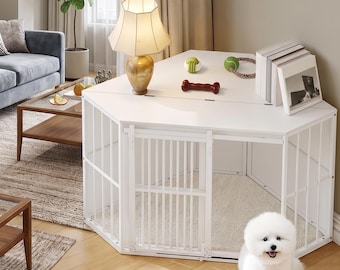 Muebles modernos de madera para jaulas de perros – Elegante mesa auxiliar para caseta de mascotas de interior – Caseta de perro con estilo, puerta corredera y tapa abatible – Lujoso mueble para mascotas