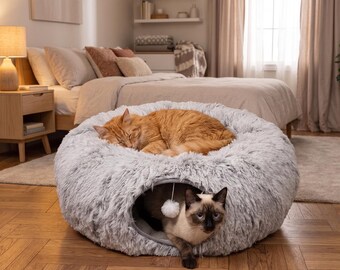 Cama túnel de pelúcia 2 em 1 para gatos – Ninho interativo em formato de rosquinha – Esconderijo calmante e anti-ansiedade para animais de estimação – Área de brincadeiras estética – Ultramacia