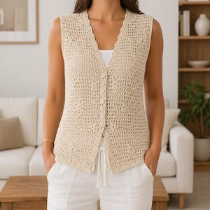 Puede incluir: Un chaleco de crochet beige sin mangas con escote festoneado y cierre de botones. Se lleva sobre una camiseta blanca y se combina con pantalones cortos de lino blancos. El patrón de crochet es visible, lo que sugiere un artículo hecho a mano.