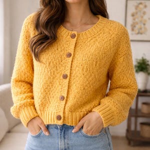 Puede incluir: Un cárdigan amarillo mostaza con cuello redondo y mangas largas. El suéter presenta un diseño de punto texturizado y se abrocha con cinco botones marrones. Los puños y el dobladillo son acanalados. La persona lleva vaqueros azules.