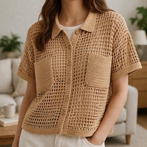 Crochet Polo Shirt Pattern PDF, Mesh Crochet Shirt, Crochet Top with Pockets, Button Crochet Polo, Summer Shirt XS–5XL