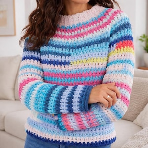 Crochet Patchwork Sweater Pattern PDF, Patchwork Pullover Pattern, Crochet Jumper, Scrap Yarn Sweater, Cozy Crochet Top XS–5XL