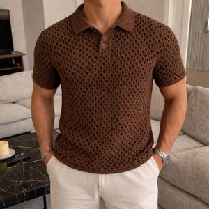 Patrón de camisa polo de ganchillo para hombre en PDF, camisa de algodón de ganchillo, polo de ganchillo con botones, camisa de ganchillo de verano, top de ganchillo ligero XS–5XL