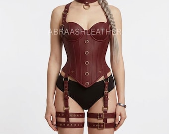 Burgunder Schaffell Leder Korsett Harness Set, verstellbare Schnalle Dessous Outfit