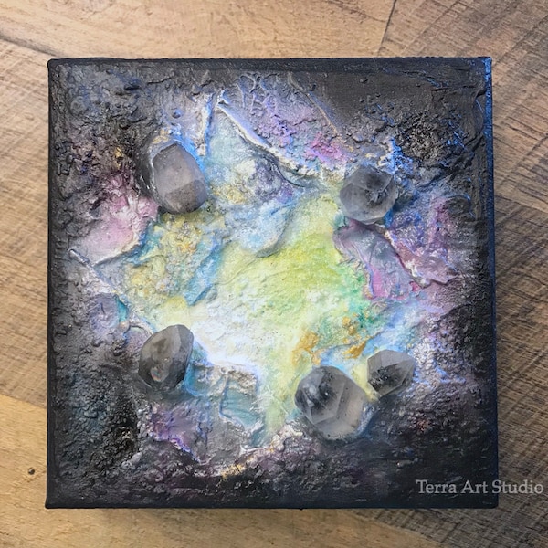 Textured Mixed Media Painting with Black Phantom Quartz Crystals (5x5)