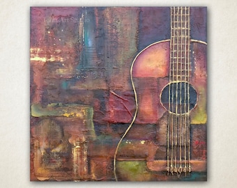 Strings of Soul. One of a kind painting, classical bossa nova guitar art music home office decor boho earth colors