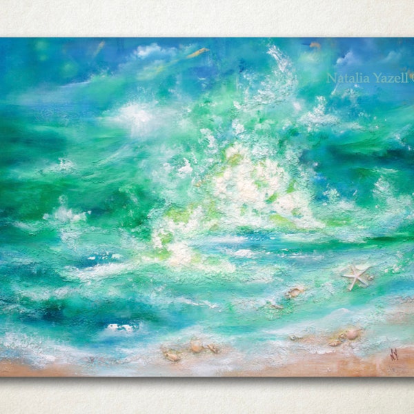 Vagues dansantes. 30"x40 » Grand art original mixte, décoration de la maison de plage, vagues de l’océan, coquillages, océan 3D, vert aqua bleu sable soleil