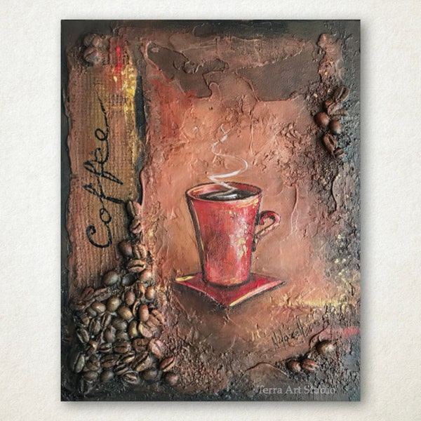 My Coffee Cup 8 « x10 » original acrylique textured peinture rustique industriel petit style antique art grains de café bibliothèque bureau décoration intérieure