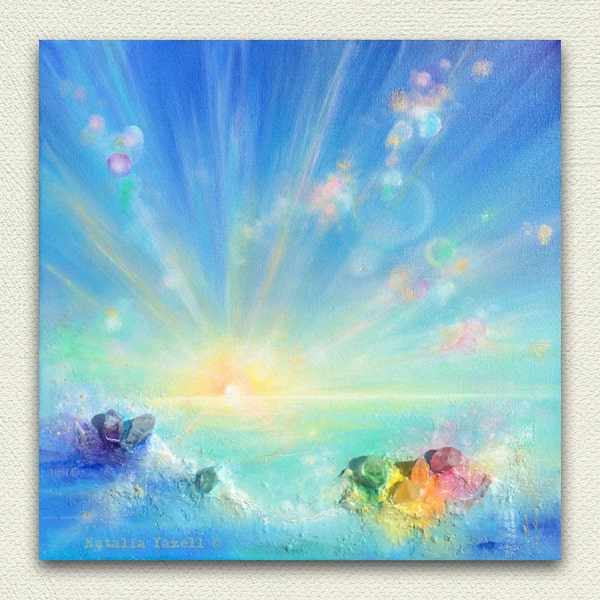 Harmony, 12x12 inches Original Mixed Media Painting, quartz crystal points 7 chakras orbs sunrise, ocean crystals beach home decor, fantasy