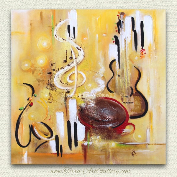 Coffee and Jazz Fusion, Original one of a kind abstract painting, music, guitar, yellow, piano keyboard, saxophone, contemporary