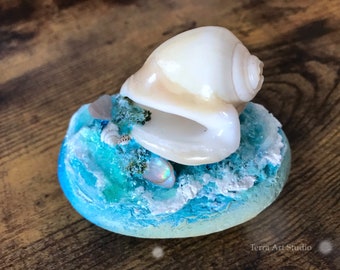 A Piece of Ocean. Hand painted rock home office decor paper weight seashells waves beach gift for him for her