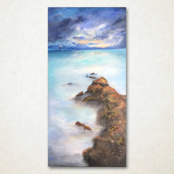 After The Storm, 18"x36" original acrylic painting, textured. Sea shell beach home decor, nautical, lighthouse, peaceful