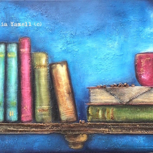 Good Old Books, 18"x36" Original Mixed Media Art, reading books, coffee, textured art, 3d painting, antique style, blue / brown / red, cup