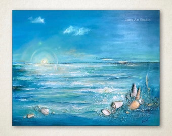 Where the Ocean meets the Sky. Original Acrylic Mixed Media, beach home decor nautical 3d seashell art ocean wave beach crystals sunrise