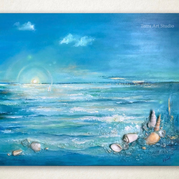 Where the Ocean meets the Sky. Original Acrylic Mixed Media, beach home decor nautical 3d seashell art ocean wave beach crystals sunrise