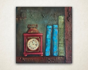 Old Clock, 16" x 16" Original Acrylic textured painting, books coffee art antique vintage style home decor red blue brown art gift idea