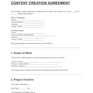 Puede incluir: Un documento blanco titulado "ACUERDO DE CREACIÓN DE CONTENIDO" con campos rellenables para la información del cliente y del creador de contenido. El documento describe el alcance del trabajo y el cronograma del proyecto.