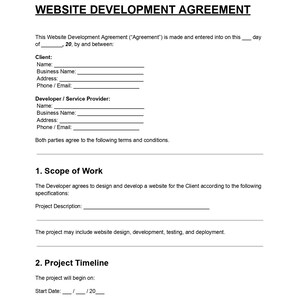 May include: A white document titled "WEBSITE DEVELOPMENT AGREEMENT" with fillable fields for client and developer information. The document outlines the scope of work and project timeline for website design and development.