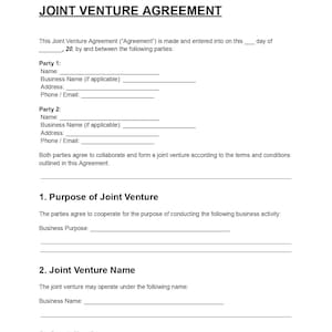 May include: A white document titled "JOINT VENTURE AGREEMENT" with fillable fields for parties' names, business names, addresses, and phone/email. The document outlines the purpose, name, and contributions of the joint venture.
