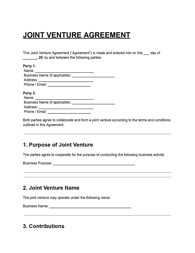 Editable Joint Venture Agreement DOC & PDF | Business JV Contract ...