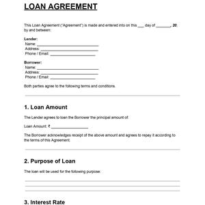 May include: A white document titled "LOAN AGREEMENT" with sections for Lender and Borrower information, including Name, Address, and Phone/Email. The document outlines loan terms, including Loan Amount, Purpose, and Interest Rate.