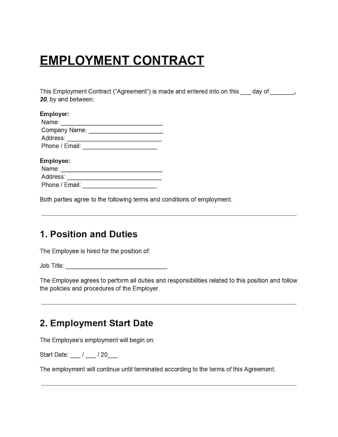 Editable Employment Contract DOC & PDF | Employee Agreement Template ...
