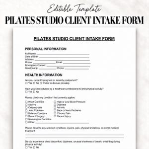 Könnte beinhalten: Ein bearbeitbares Pilates Studio Client Intake Formular mit Abschnitten für persönliche Informationen und Gesundheitsdaten. Das Dokument enthält Kontrollkästchen für verschiedene medizinische Zustände sowie Linien für schriftliche Antworten.