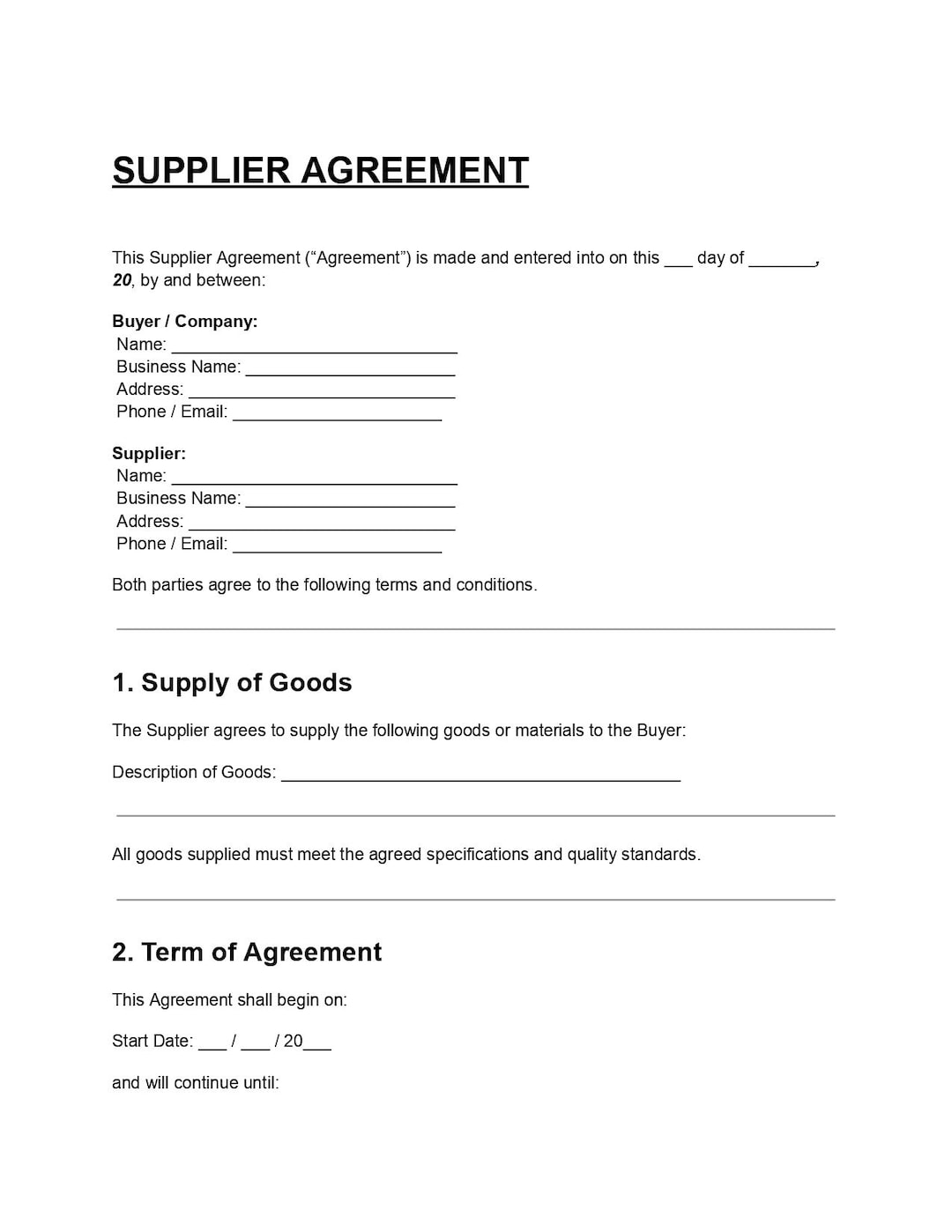 Editable Supplier Agreement DOC & PDF | Supply Contract Template ...
