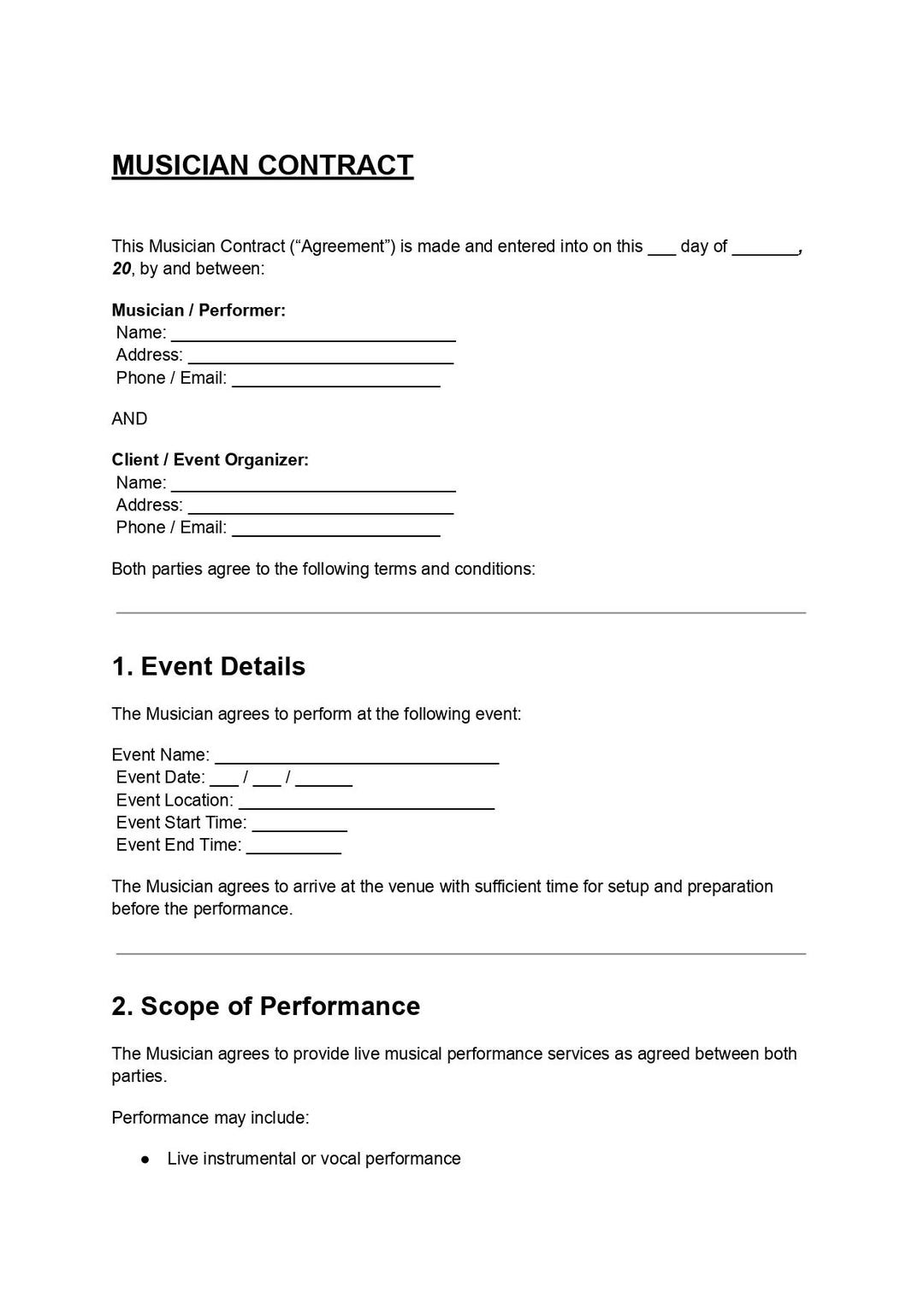 Image result for Editable Musician Contract DOC & PDF | Music Performance Agreement ...