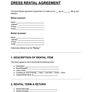prom dress rental agreement Wedding Gown Rental Form Template