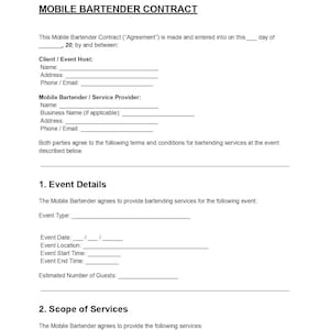 May include: A white Mobile Bartender Contract document with black text. The document includes sections for client and service provider information, event details, and scope of services. The contract is designed for bartending services.