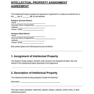 Puede incluir: Un documento blanco titulado "ACUERDO DE CESIÓN DE PROPIEDAD INTELECTUAL" con secciones para los detalles del Cedente y del Cesionario. El documento describe la cesión de derechos de propiedad intelectual, incluyendo derechos de autor.