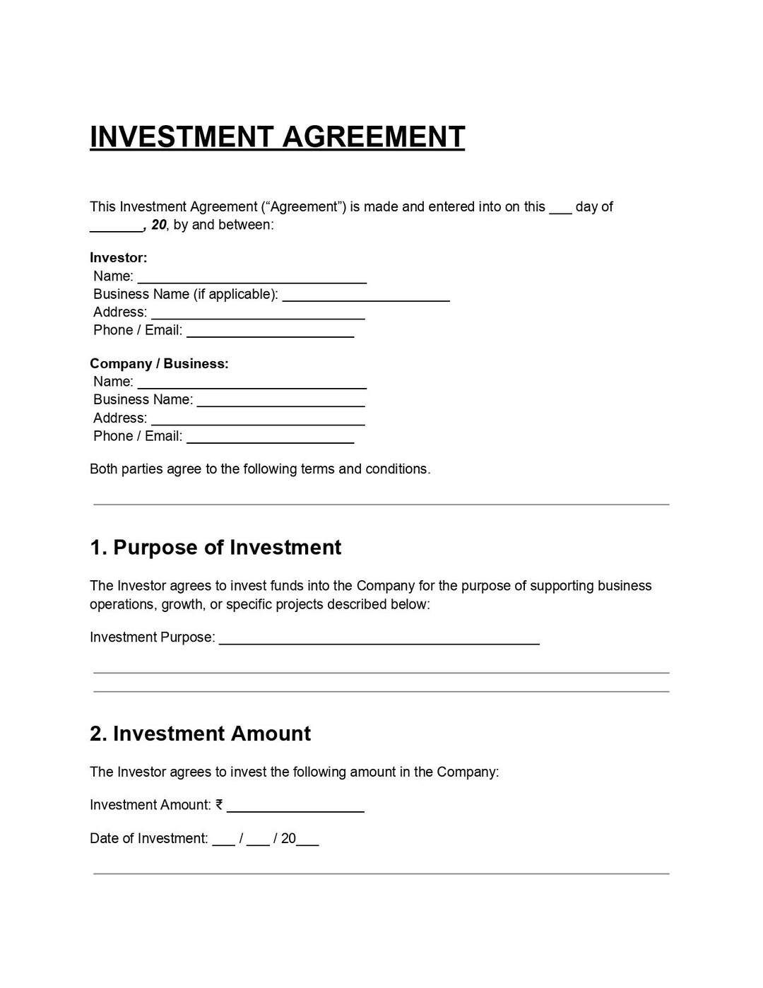 Investment Document.pdf Editable Investment Agreement Template DOC & PDF, Business Investment ...