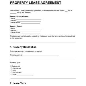 Puede incluir: Un documento blanco titulado "PROPERTY LEASE AGREEMENT" con campos rellenables para la información del Arrendador/Propietario y el Arrendatario/Inquilino. Incluye secciones para la Descripción de la Propiedad y el Plazo del Arrendamiento.