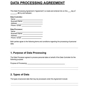 Könnte beinhalten: Ein weißes Dokument mit der Überschrift „DATENVERARBEITUNGSVEREINBARUNG“ mit Abschnitten für Informationen zum Datenverantwortlichen und Datenverarbeiter. Enthält Zeilen für Name, Firmenname, Adresse und Telefon/E-Mail. Enthält auch Abschnitte für Zweck und Datenarten.