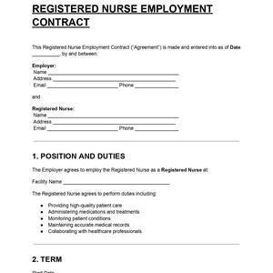 Pode incluir: Documento branco intitulado "REGISTERED NURSE EMPLOYMENT CONTRACT" com seções para detalhes do empregador e da enfermeira. Descreve deveres de trabalho como atendimento ao paciente e registros médicos.
