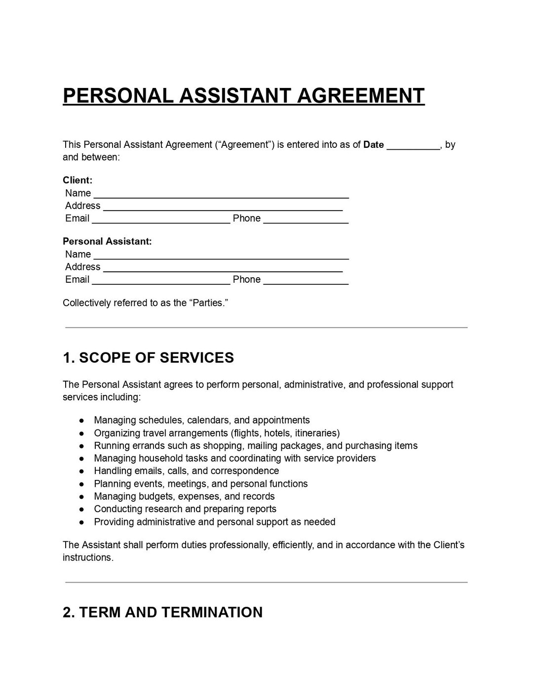 Editable Personal Assistant Agreement Template DOC & PDF, Assistant ...