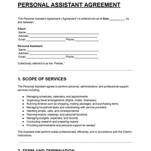 Puede incluir: Documento blanco titulado "ACUERDO DE ASISTENTE PERSONAL" con secciones para los detalles del cliente y del asistente personal. El acuerdo describe el alcance de los servicios, incluyendo la gestión de horarios, viajes y recados.