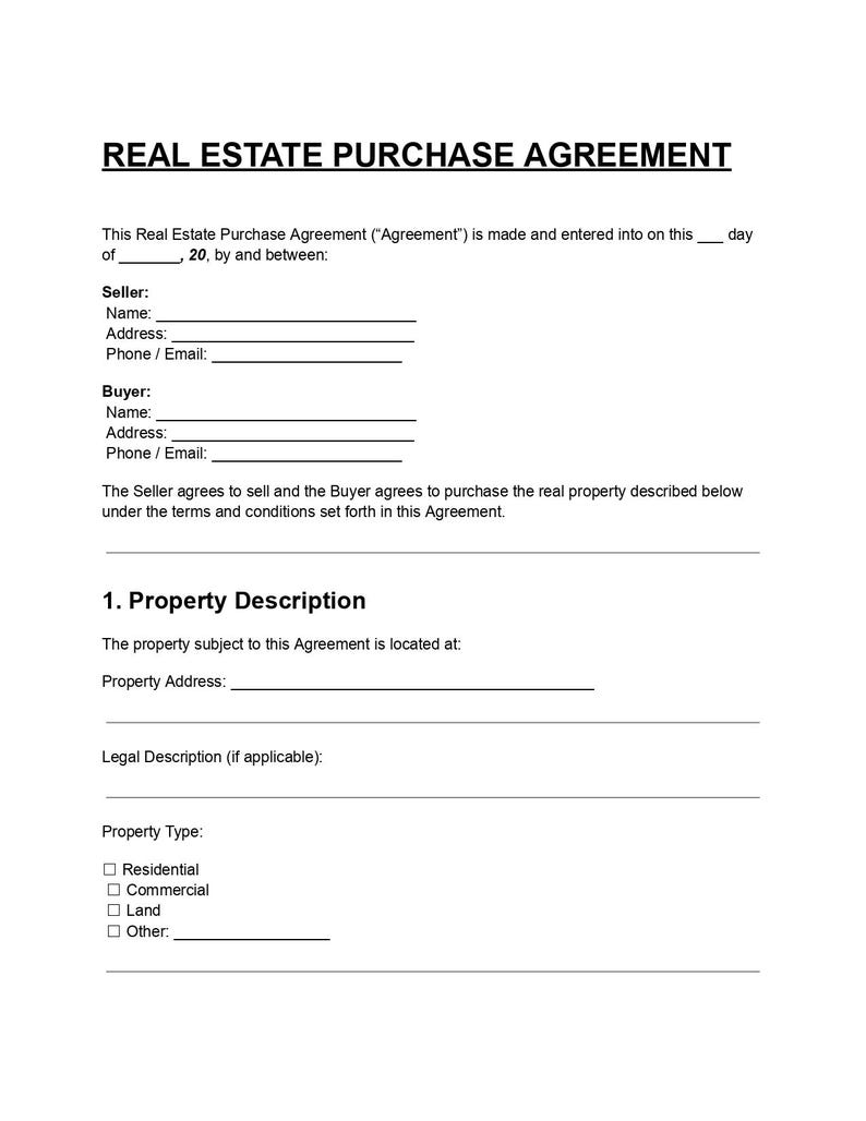 Editable Real Estate Purchase Agreement Template (DOC/PDF) - Etsy