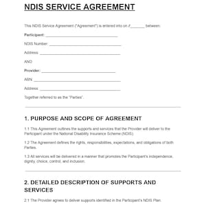 Könnte beinhalten: Ein schwarz-weißes NDIS Service Agreement Dokument mit dem Titel NDIS SERVICE AGREEMENT, gefolgt von Abschnitten für Teilnehmer- und Anbieterdetails sowie nummerierten Klauseln, einschließlich Purpose and Scope of Agreement und Detailed Description of Supports and Services.