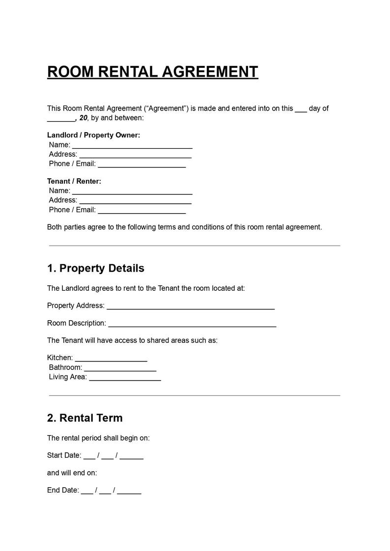Editable Room Rental Agreement DOC & PDF | Room Lease Contract Template ...