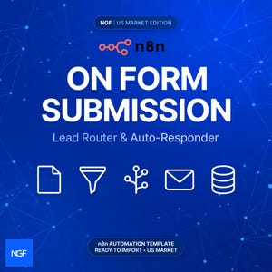 May include: A blue digital graphic featuring the n8n logo and the text ON FORM SUBMISSION Lead Router & Auto-Responder. Below the text are five white line icons representing a document, funnel, node tree, envelope, and database cylinder.