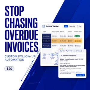 May include: A digital invoice tracker interface displaying client data, invoice numbers, due dates, amounts, and payment statuses. An automated email payment reminder window is overlaid, showing text addressed to North Bay Cafe regarding invoice INV-1057.