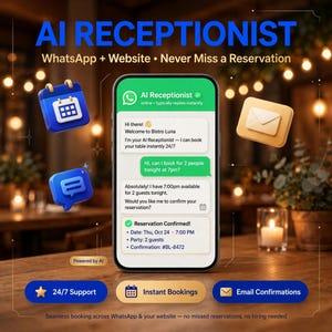 Pode incluir: Um smartphone exibe uma interface de chat AI Receptionist para o Bistro Luna, mostrando um processo de reserva. Ícones 3D flutuantes de um calendário, balão de mensagem e envelope cercam o telefone. O texto inclui AI RECEPTIONIST.