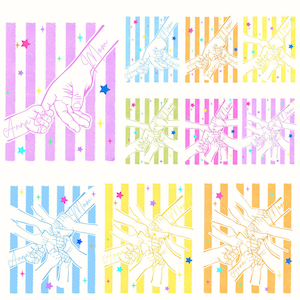 May include: A collection of illustrations featuring hands holding hands, with the word "Anna" and "Mom" written on them. The backgrounds have vertical stripes in various colors, including pink, blue, yellow, and green, with star accents.