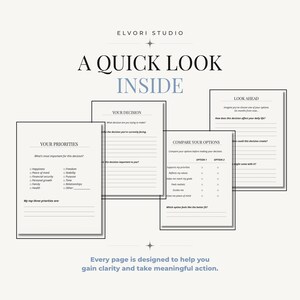 May include: A set of four white decision-making worksheets with black text. The pages are titled Your Priorities, Your Decision, Compare Your Options, and Look Ahead. Each page features lines for writing, checkboxes, and the header Elvori Studio.