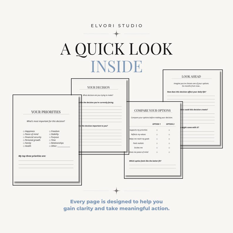 May include: A set of four white decision-making worksheets with black text. The pages are titled Your Priorities, Your Decision, Compare Your Options, and Look Ahead. Each page features lines for writing, checkboxes, and the header Elvori Studio.