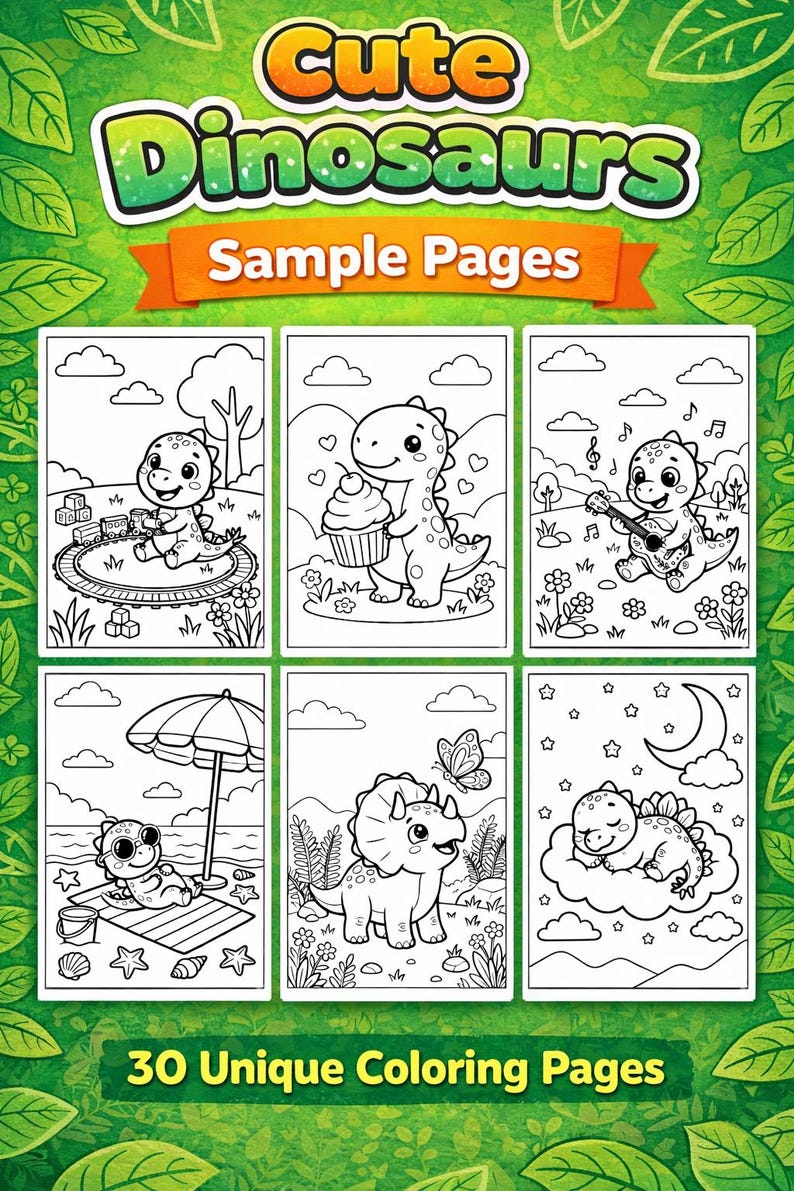 Kawaii Dinosaur Coloring Pages for Kids | 30 Printable Pages (PDF PNG ...