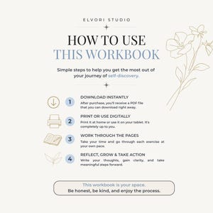May include: An instructional graphic titled HOW TO USE THIS WORKBOOK by ELVORI STUDIO. It outlines four steps: download instantly, print or use digitally, work through the pages, and reflect, grow and take action, with a floral line art illustration.